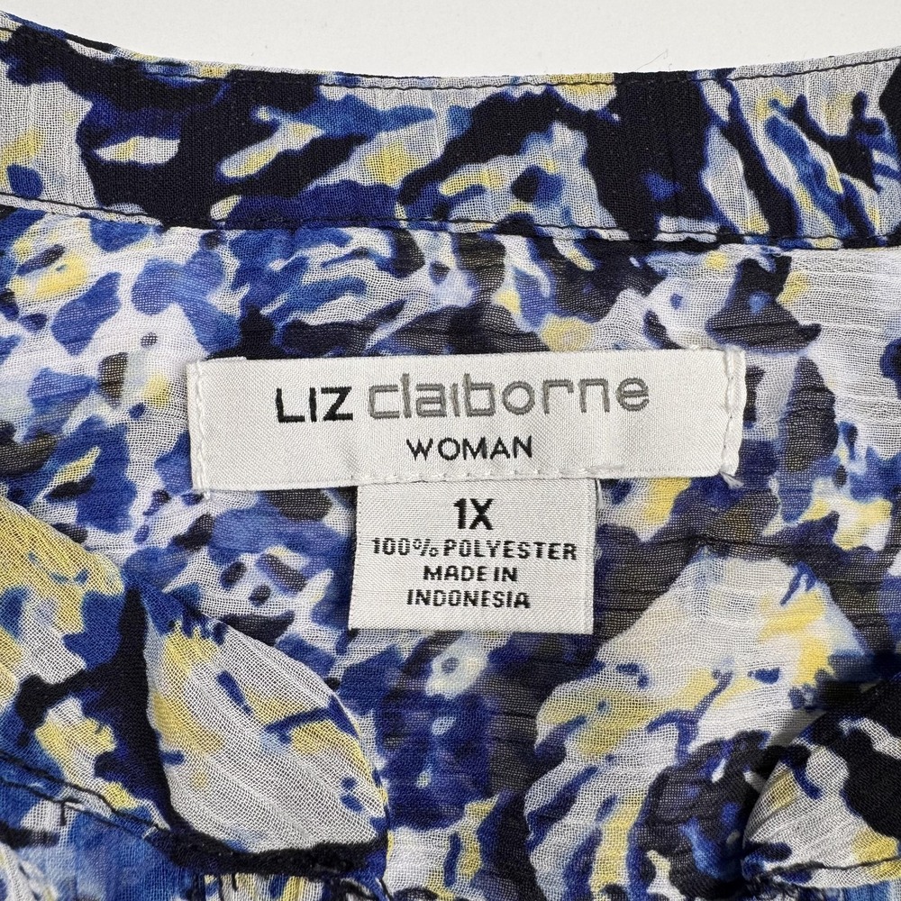 Liz Claiborne Womens 1X Blue Yellow Floral Print Long Sleeve Blouse Tunic - Picture 6 of 10
